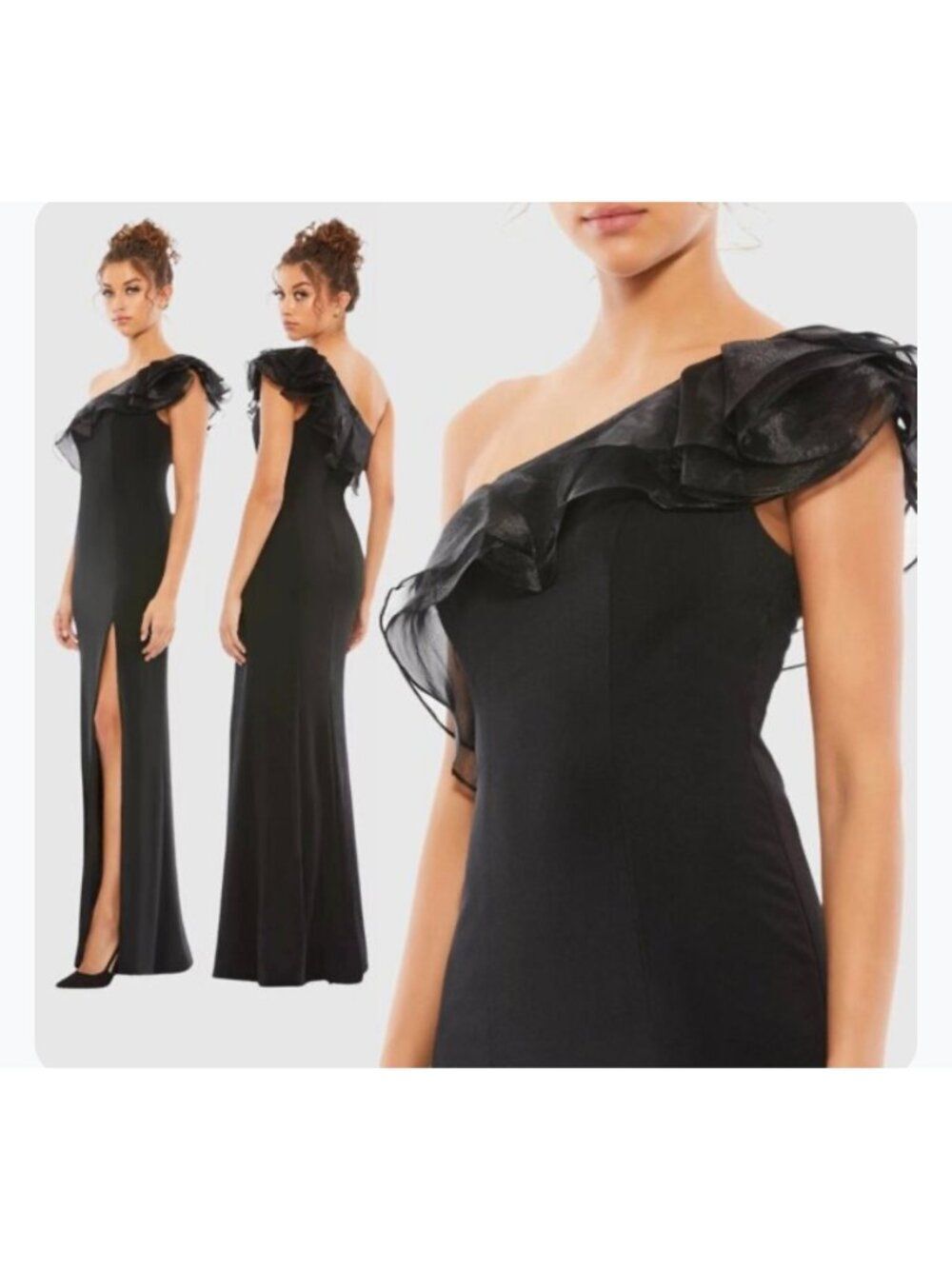 Mac Duggal Black One Shoulder Ruffle Evening Gown Dress Size 2